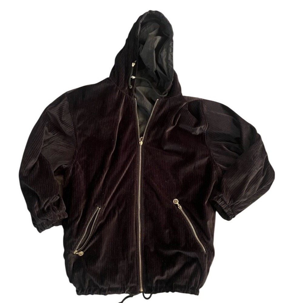 Reversible Womens XL Velvet Windbreaker Jacket Black Hooded Zip Coatโ